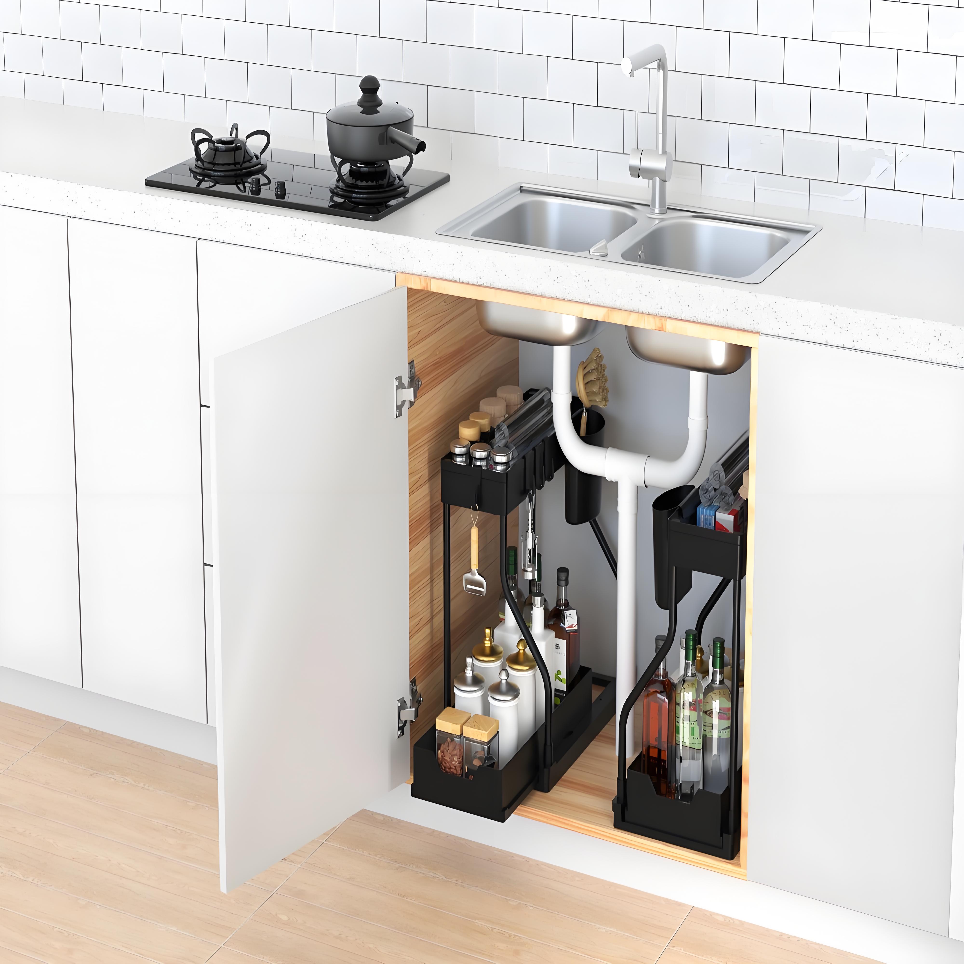 

Under Sink Pull-Out Organizer | Rust-Resistant Carbon Steel Tray with Hooks | No-Tool Assembly for Bathroom & Kitchen Cabinets чёрный