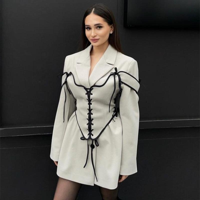 2026 New Elegant Commuter Suit Collar Long Sleeve Woolen Coat with Waistband Two-Piece Set S белый