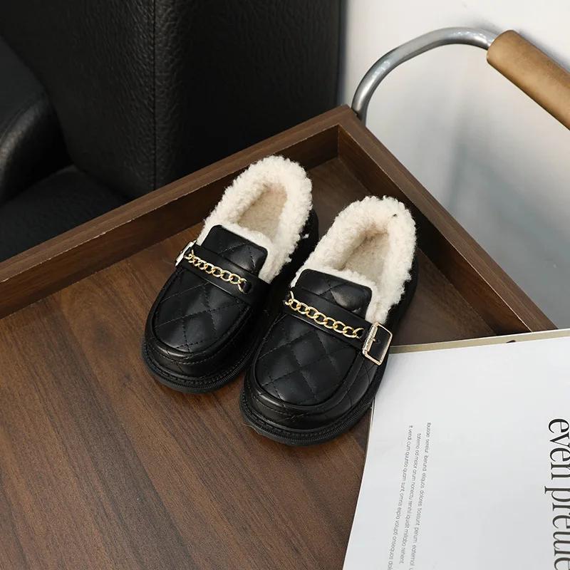 

Зимняя детская обувь, однотонные мокасины для девочек, 2024, новые универсальные детские повседневные туфли на плоской подошве из хлопка, модные уличные теплые нескользящие 21 чёрный