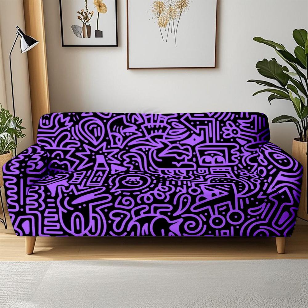 

1pc Purple Doodle Print Sofa Cover, Washable Street Art Couch Slipcover Single seat