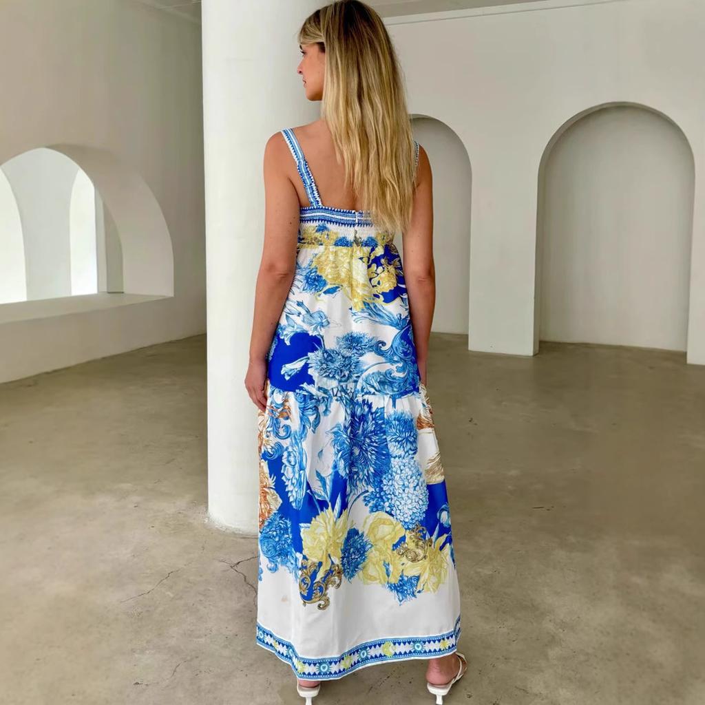 VEZFAA Women's Fashion Summer Spring Flower Pattern Print Sleeveless Suspenders High Waist Casual Dresses