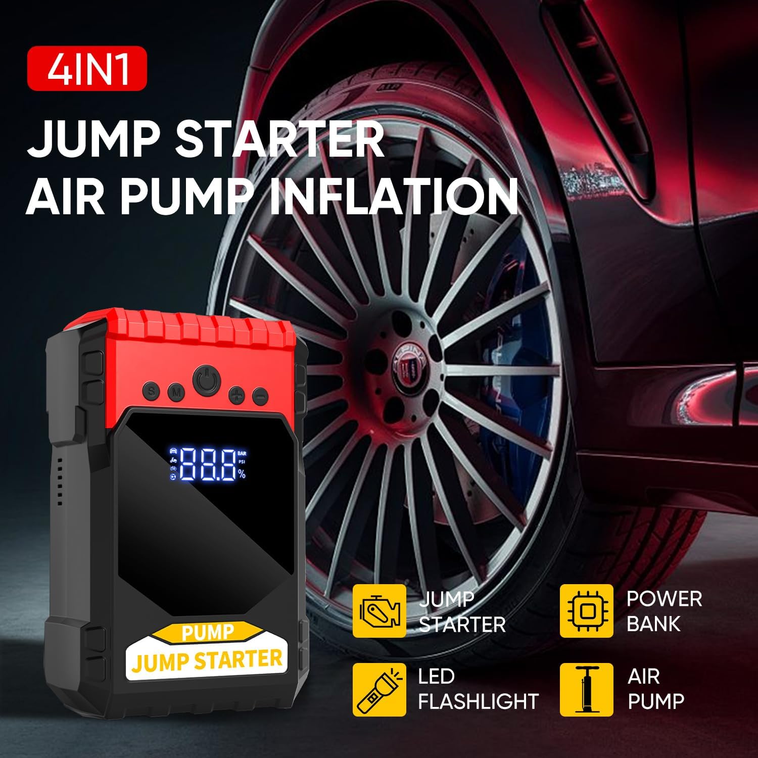 

6000A Jump Starter with Air Compressor, 12V Portable Jump Box, LED Display, Flashlight, Jumper Cables United States