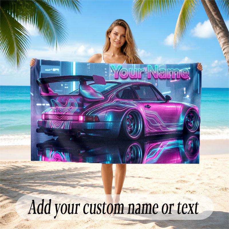 Car Racing Theme Beach Towel Personalized Custom Name & Text Soft Quick Dry Beach Towel for Swimming Travel