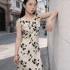 Dawn Black Rose Limited Print Small Flying Sleeve Dress Women's Summer New Temperament Skinny U-Neck Long Dress