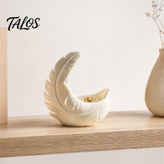 Warm Touch Home Accessory 3D Printed Feather & Crescent Moon Trinket Dish, Silk White Matte Decorative Design Storage Bowl, Artistic Multi-Functional
