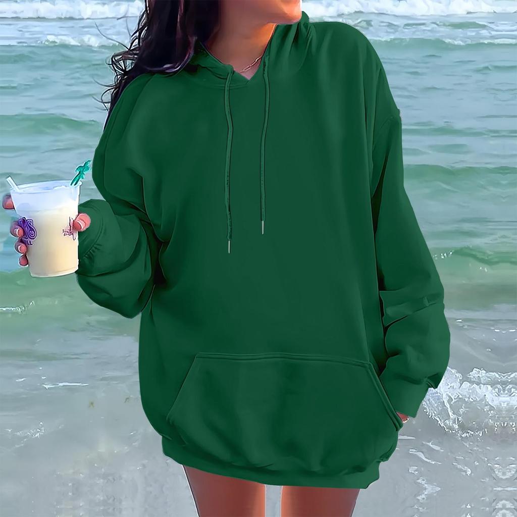 Ladies' Fashionable Casual Long Sleeved Round Neck Hooded Solid Color Hoodie With Threaded Thread