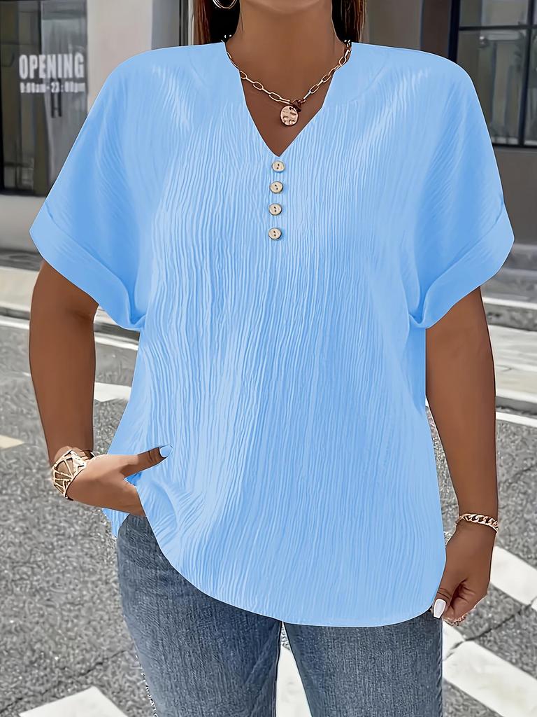 Plus Size Women's Solid V-Neck Buttoned Short Sleeve Top - Comfortable & Loose Fit, 2025 Collection.