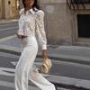 Sexy European & American Lace Lapel Long Sleeve Tassel See-Through Top