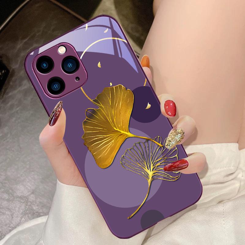 

Golden Ginkgo Leaves Purple For IPhone 16 Pro Max 15 Pro 14 13 12 Mini 11 XS Max XR 7 8 Plu SE 2022 Tempered Glass Phone Case For iPhone 16 Pro