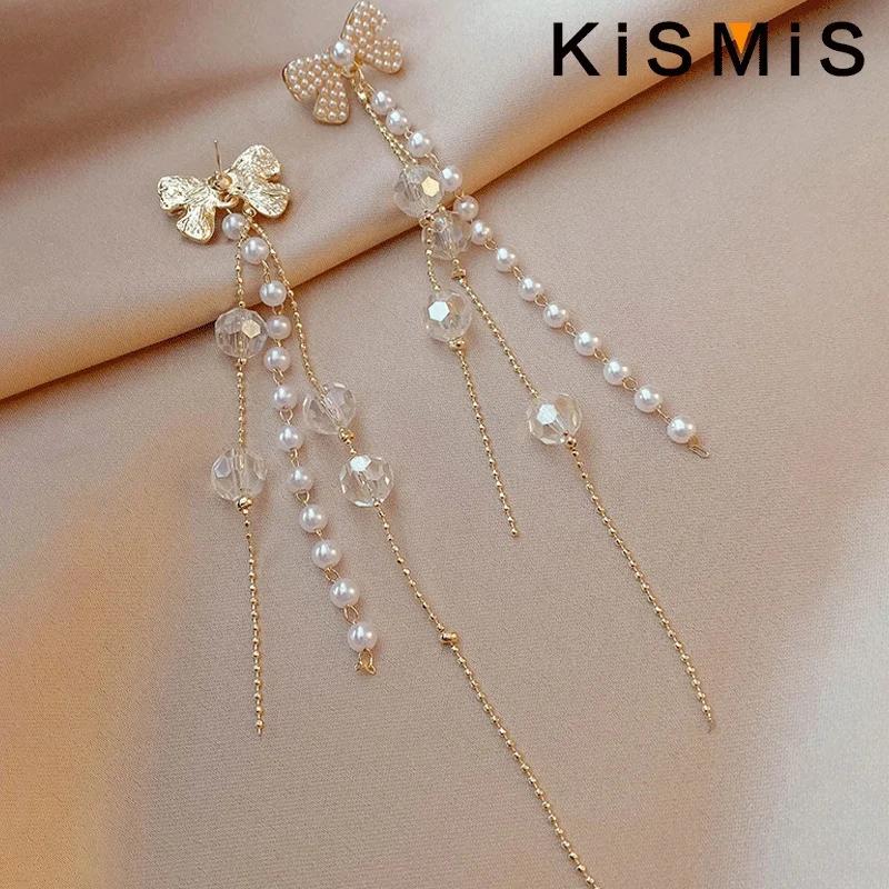 Lange Quasten-Perlenohrringe mit Schleifenknoten-Kristall-Goldanhänger für Damen Modeschmuck Lässiger Stil