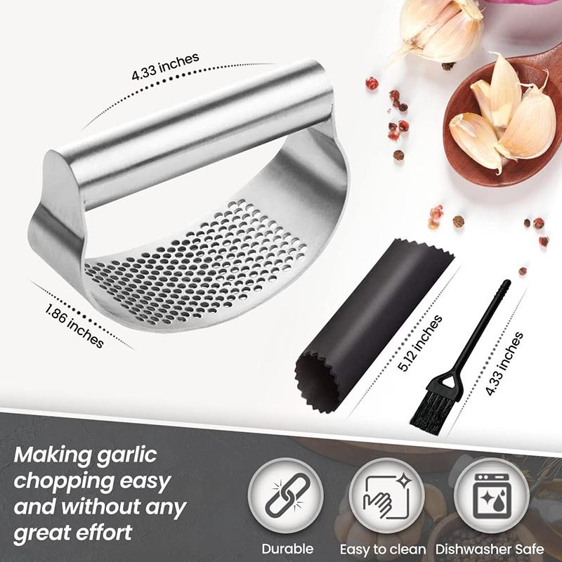 Kitchen Garlic Ginger Press Rocker with Cleaning Brush and Silicone Garlic Peeler Garlic Crusher Stainless Steel