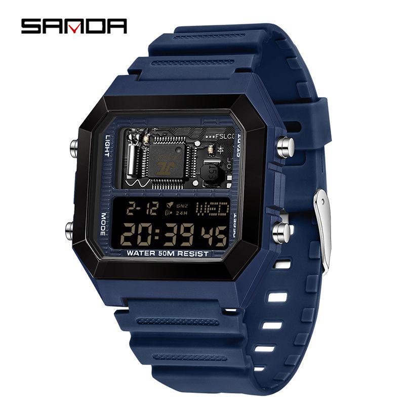 Sanda Luminous Waterproof Teen Alarm Watch - Square Electronic Sports Countdown Timer