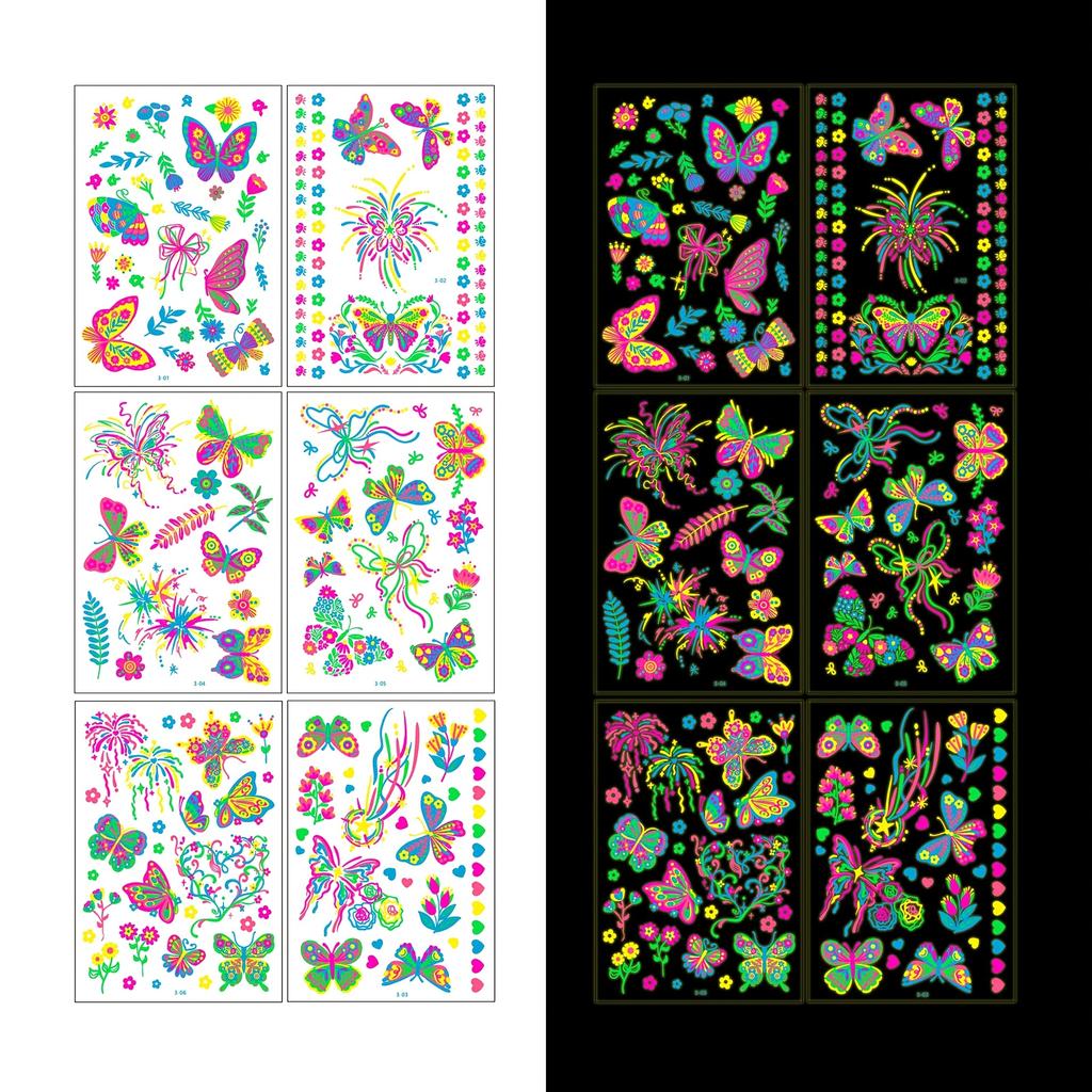 Butterfly Designs 6sheets/set Fake Tattoos Waterproof Face Flash Temporary Tattoo Stickers Blacklight Body And Glow-in-the-dark For  Home