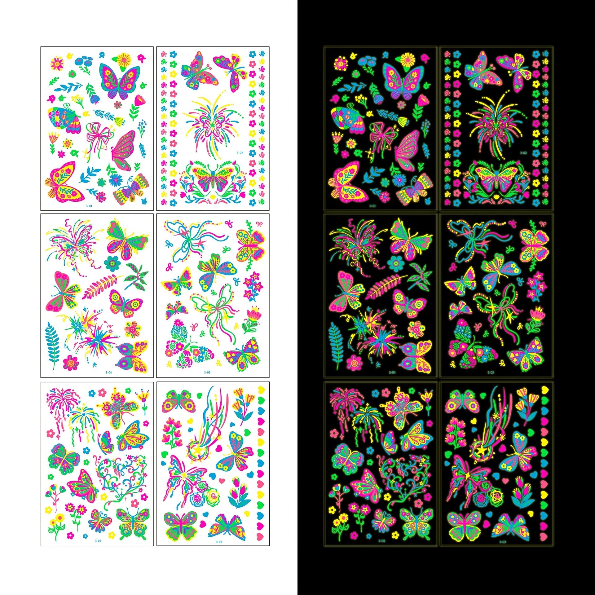 

Fake Tattoos Butterfly Designs For Glow-in-the-dark Temporary Tattoo Stickers Waterproof Blacklight 6sheets/set Body And Face Flash High Quality Style2 зелёный