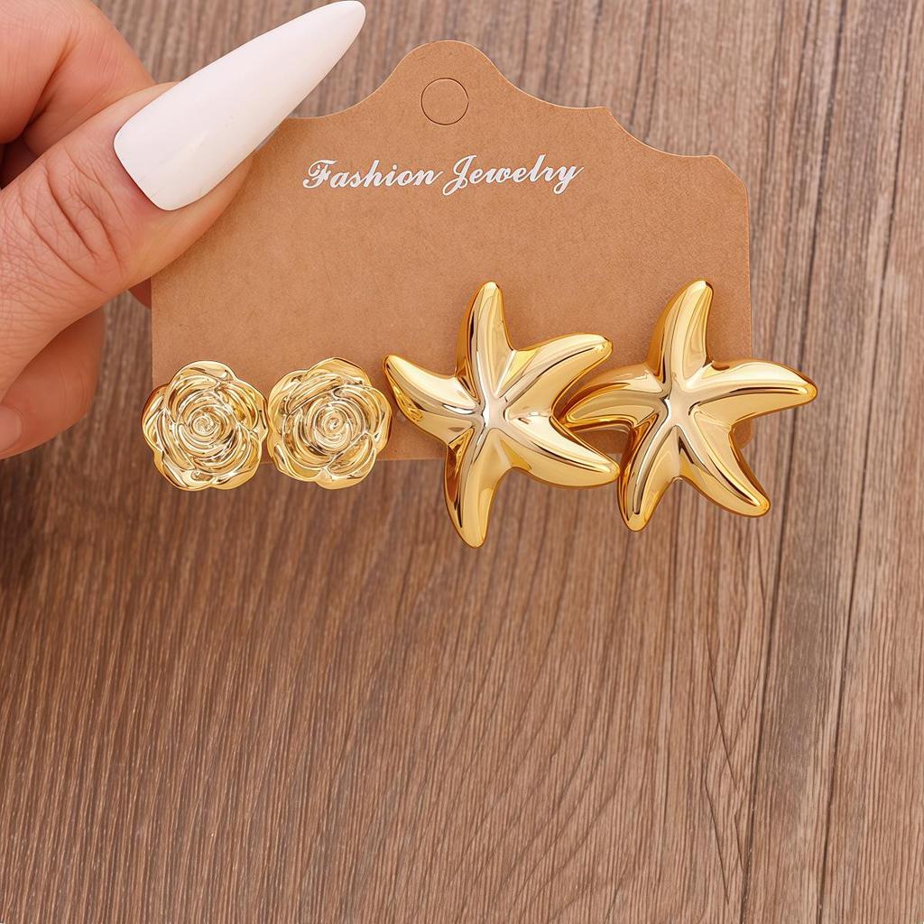 European & American Women's Flower & Starfish Stud Earring Set - Elegant, Stylish, Unique Design