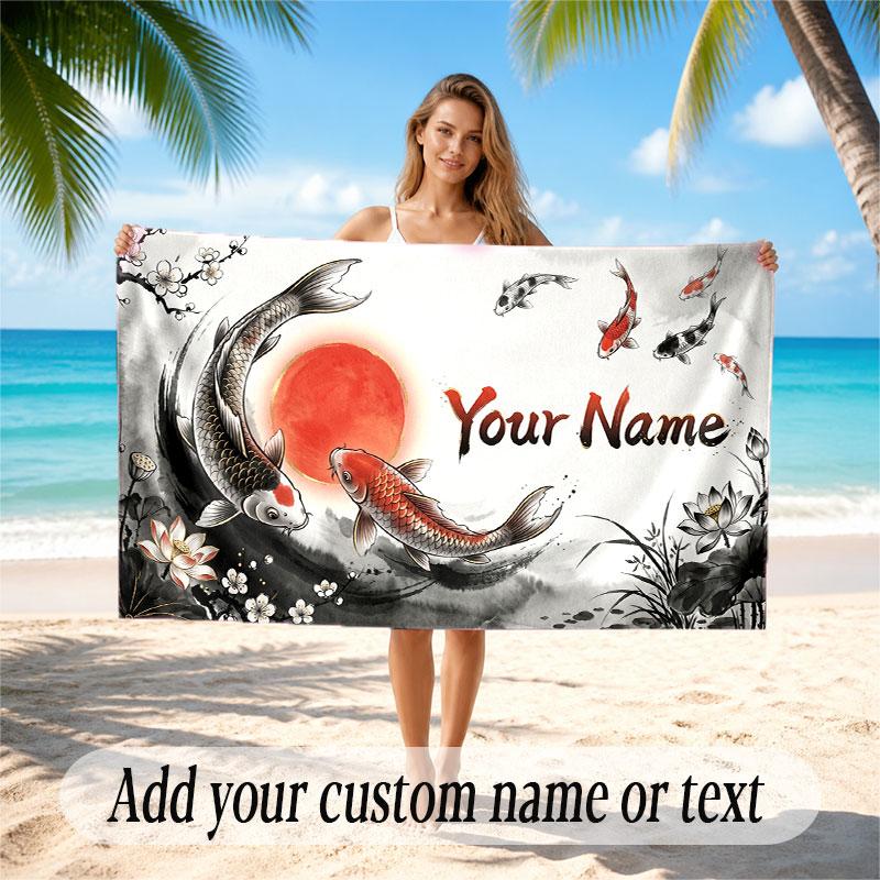 Koi Fish Theme Beach Towel Personalized Custom Name & Text Soft Quick Dry Beach Towel for Swimming Travel