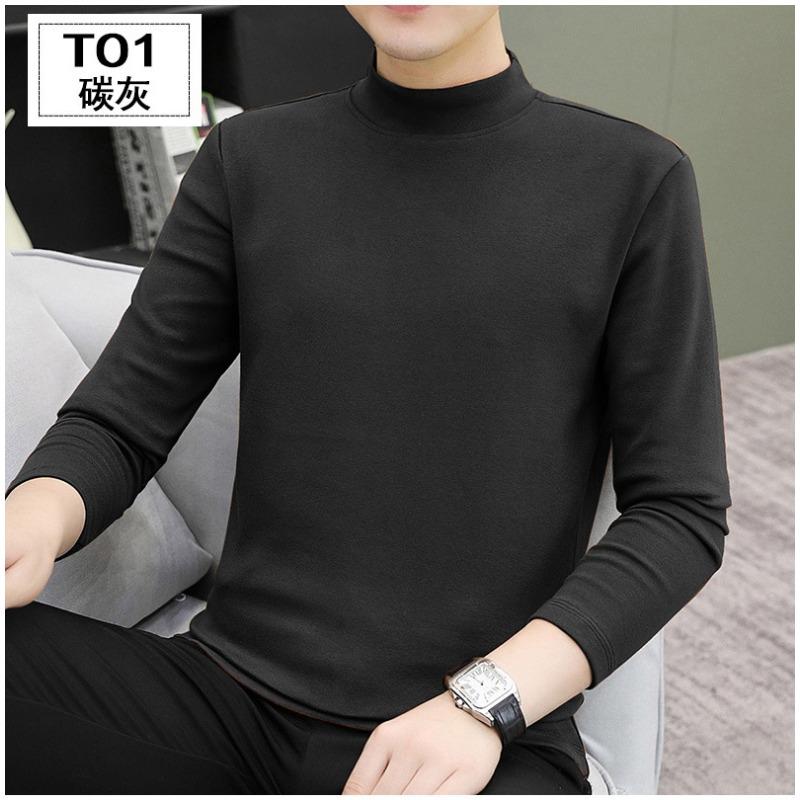 Spring Autum Half High Collar Solid Color Bottomed T-shirt Male Long Sleeve All-match Cotton Top Pullover Tee Men