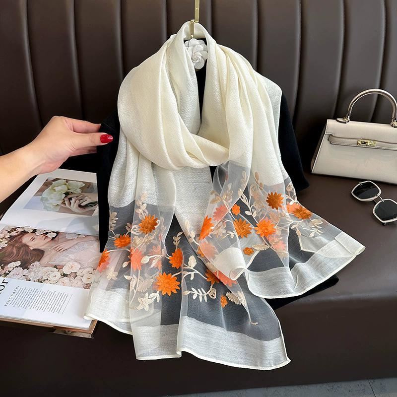 Floral Embroidery Elegant Silk Scarf Simulated Silk Soft Thin Shawl Scarf Solid Color 180*70Cm Beach Uv Protection Turban
