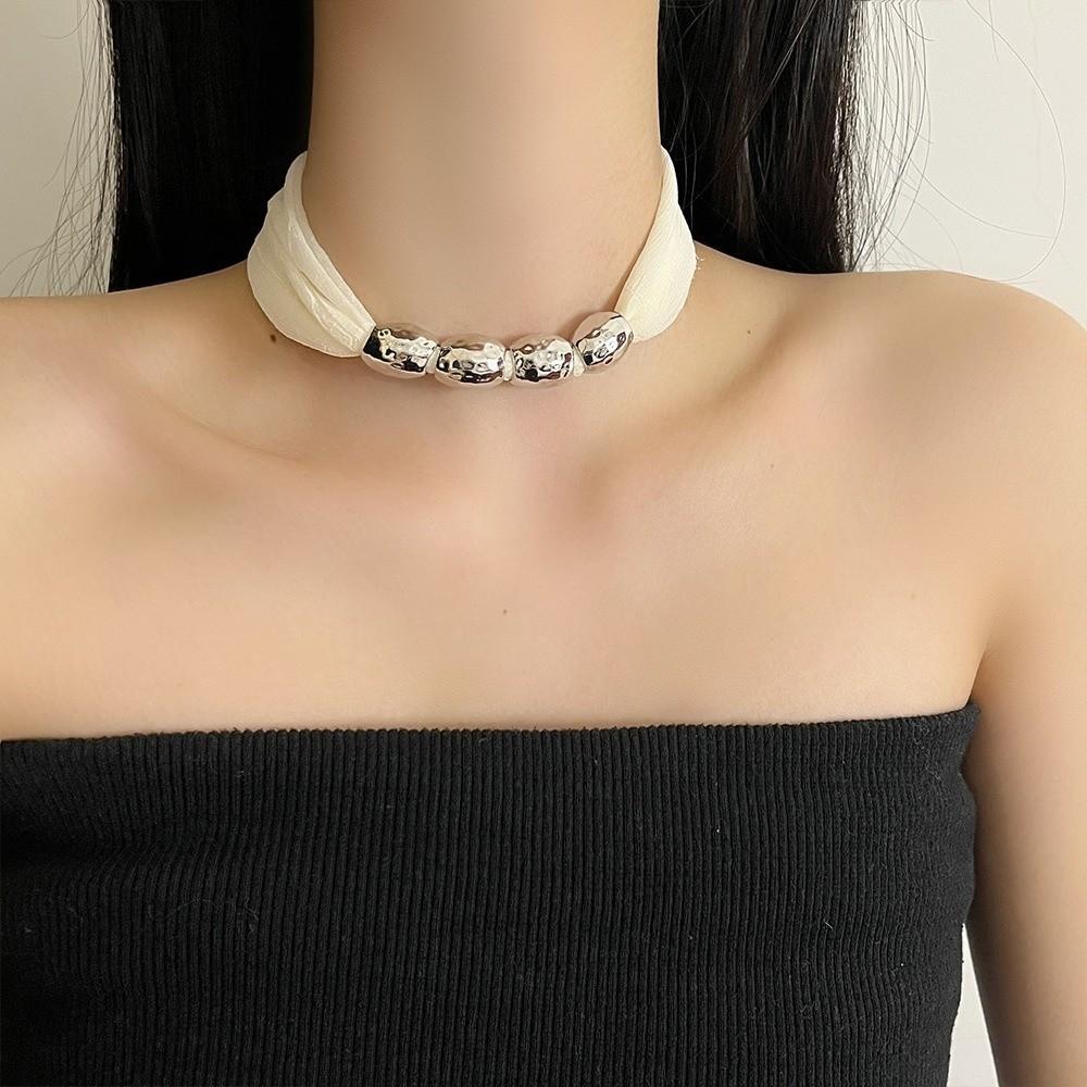 Personality Lace-up Collarbone Chain Elegant Ribbon Choker Beaded Silk Scarf Necklace  Decoration