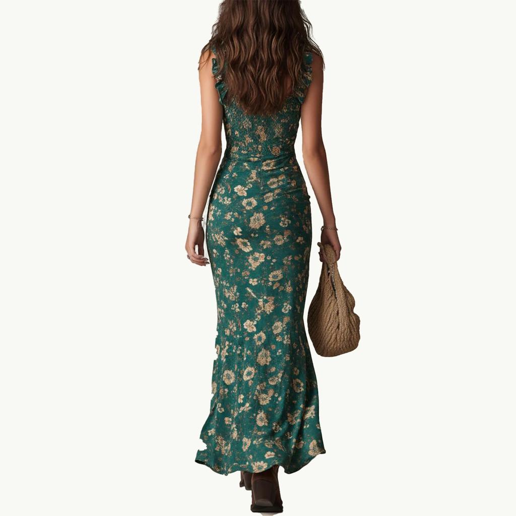 Bohemian Style Sleeveless Dress with Ruffle Straps High Slit Maxi Dress Vintage Floral Print Summer Dress for Women