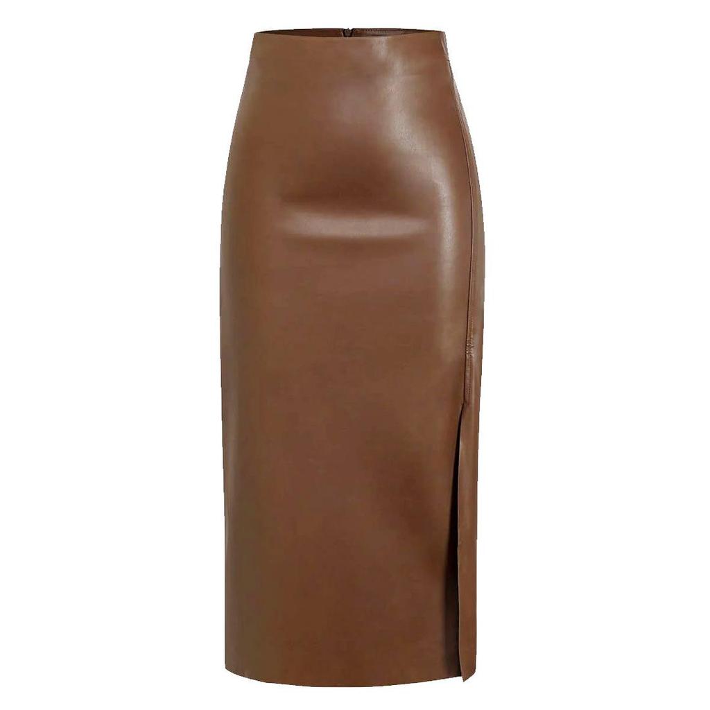 PU Kůže Sukně Midi se Zipem s Vysokým Pasem: Podzimní/Zimní Bodycon sukně s rozparkem pro ženy