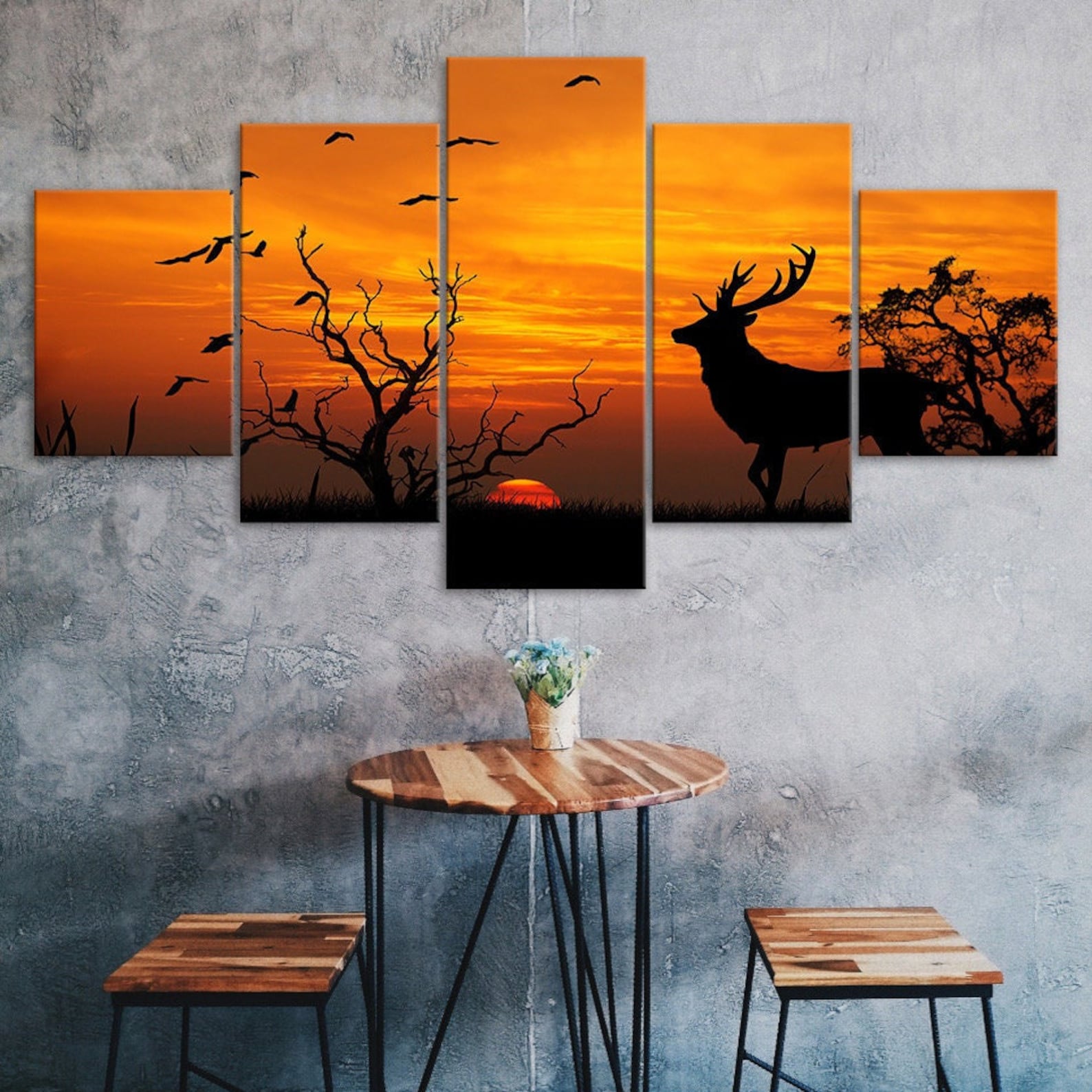 

Deer Sunset Silhouette 5 Piece Five Panel Wall Canvas Print Modern Art Poster Picture Home Decor Gift For Him For Her 20X35 20X45 20X55CM