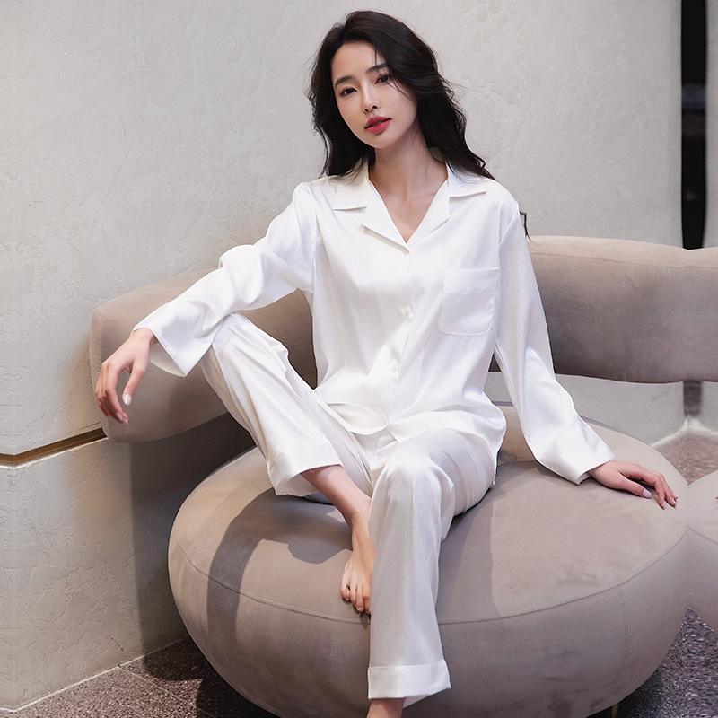 Women’s Ice Silk Pajama Set Long Sleeve Top and Pants Spring Summer Autumn Herringbone Pattern Elegant Loungewear