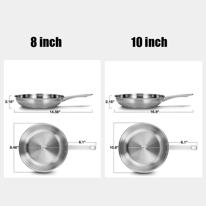 8/10 Inch Tri-Ply Stainless Steel Frying Pan No Coatings Skillet Professional Cooking Skillet Induction Compatible Pan Oven Safe