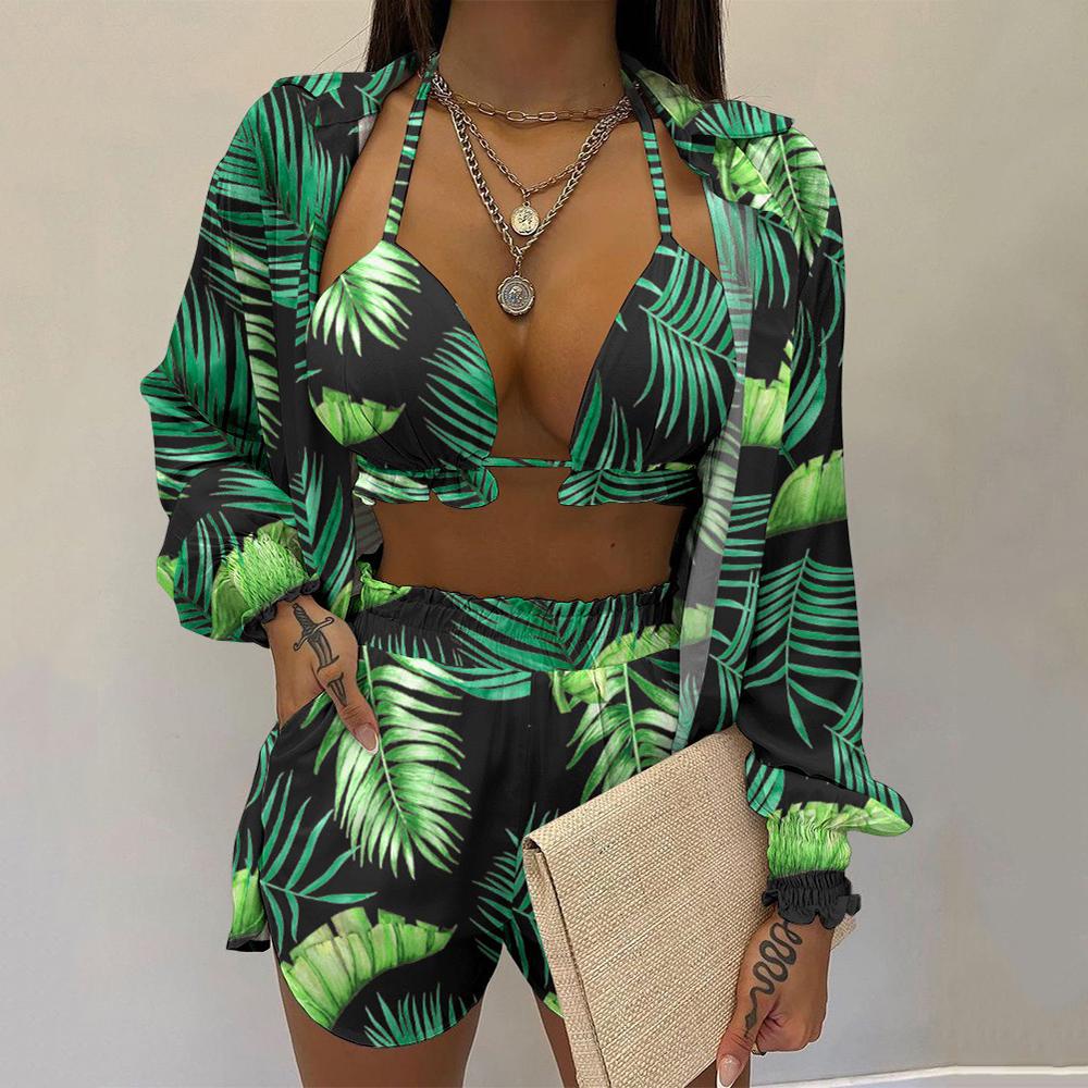 Summer Beach 3 stk Sett Antrekk Kvinner Mote Sexy Cardigan Bluse Topper + Shorts Sett Dame Uformell Lantermer Løse Korte Bukser Drakter Bladtrykksett