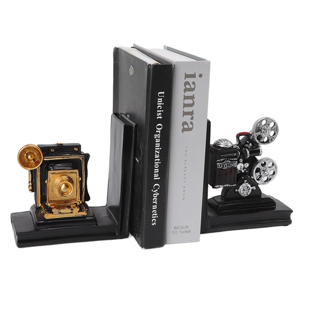 Ein Paar Regal-Buchstützen, Filmprojektor-Design, Buchstützen-Dekoration aus Kunstharz für das Arbeitszimmer, Zuhause, Büro
