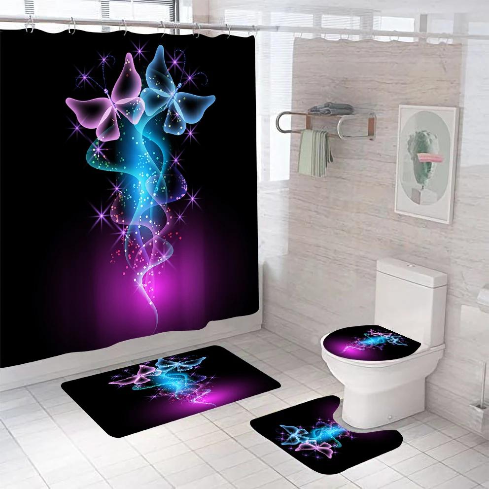 Colorful Butterfly Shower Curtain Set Waterproof Bathroom Curtain Set Anti-Slip Bath Mat Set Toilet Rugs Carpet Home Decor