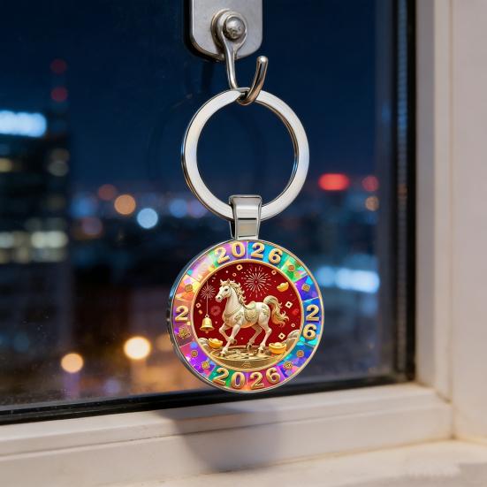2026 Horse Pattern Keychain 2D Flat Round Metal Pendant for Car Keys Bag Decoration Shin Gift