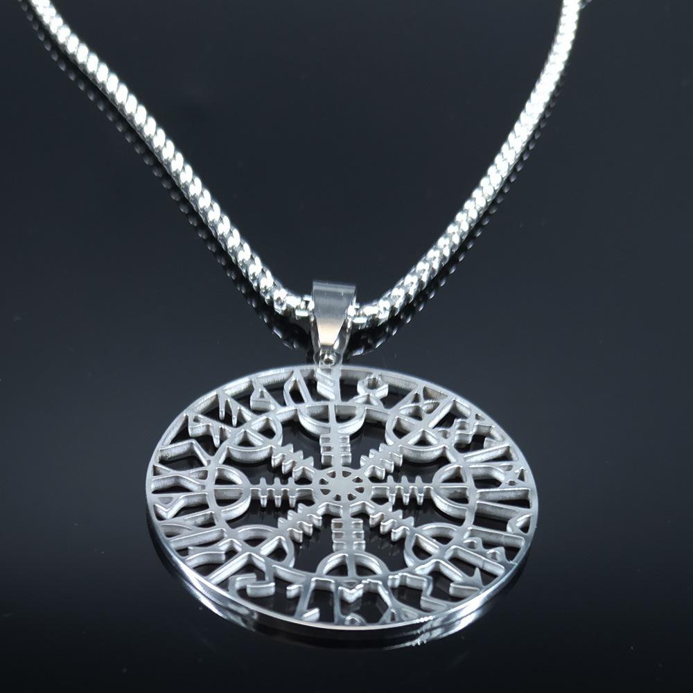 Viking Runes Odin Compass Pendant Long Necklace For Men Ancient Norse Jewelry Trendy Viking Accessory