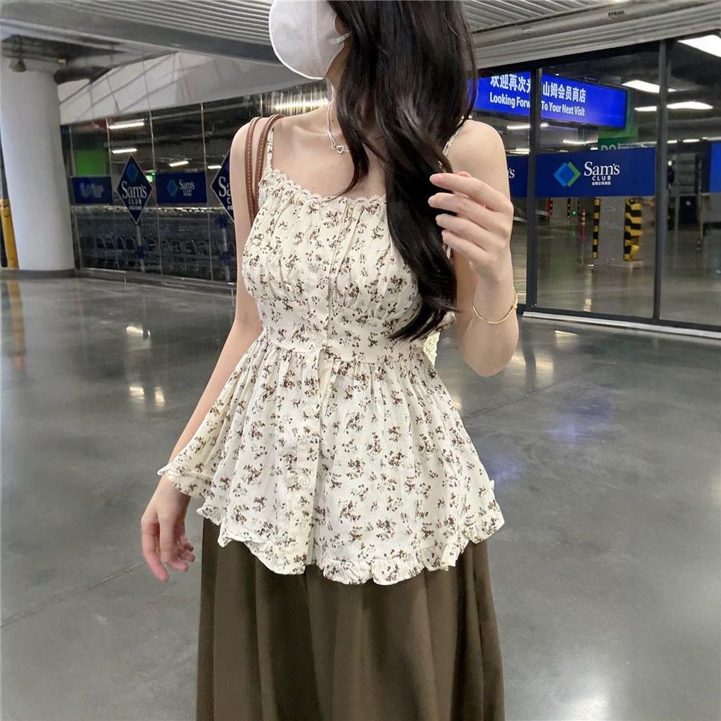 Sweet wind floral age-reducing temperament chic sling vest women's summer waist thin versatile spice girl top