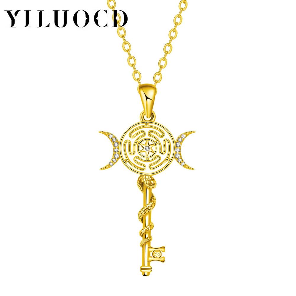 

Оригинальное ожерелье-подвеска Колесо Гекаты, тайское серебро, змея, ключ, тройная луна, богиня, цепочка, ожерелья, викканские магические украшения золотой