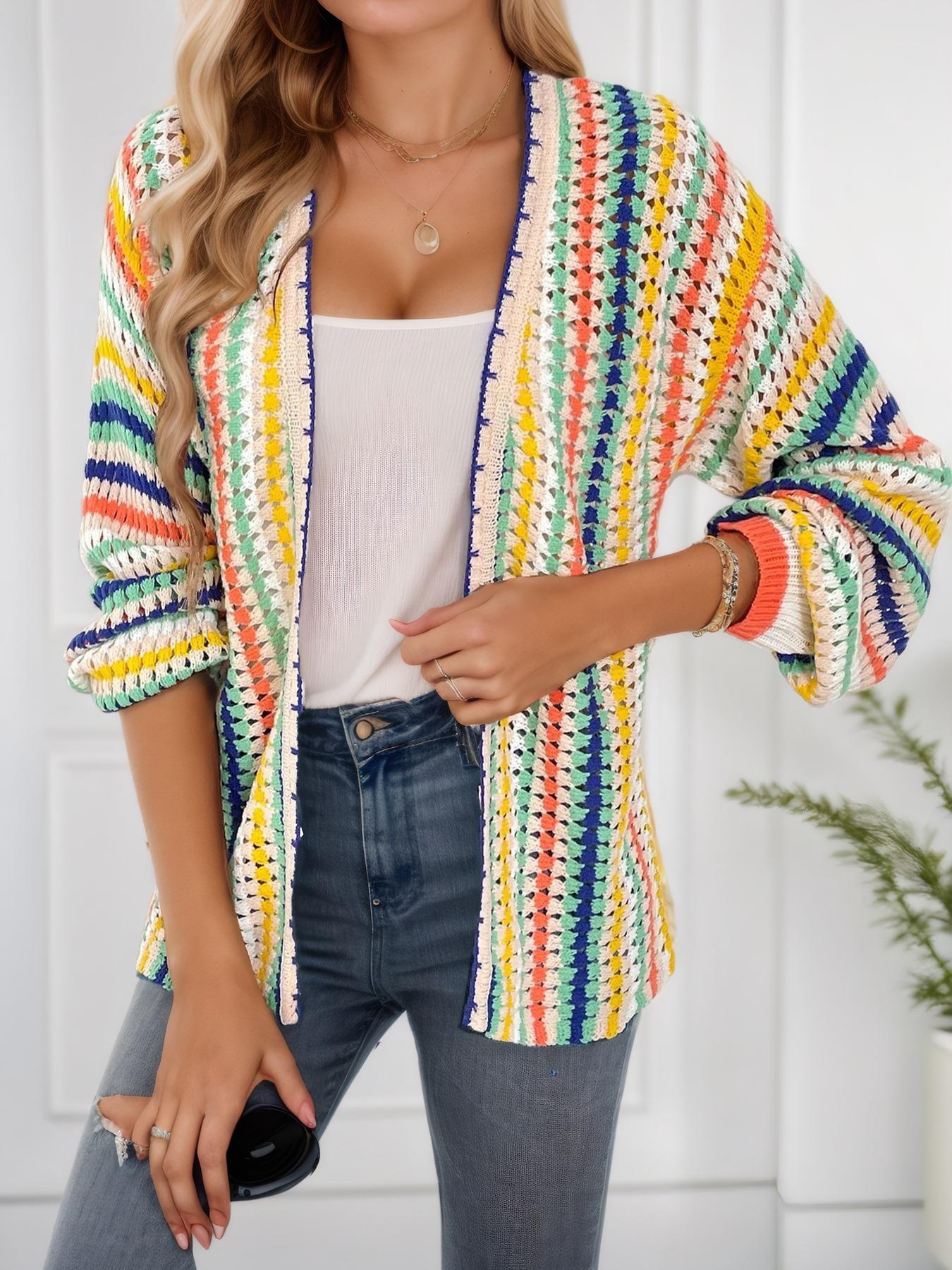 

Кардиган с цветными блочными полосками и спущенным плечом - Повседневный с длинным рукавом для весны, осени и зимы 5009. Small