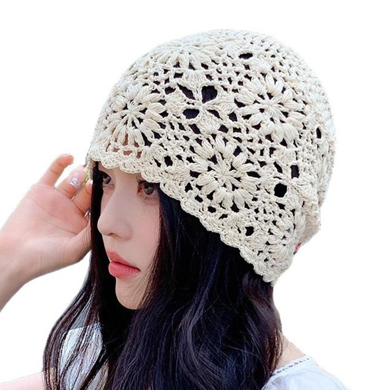 1Pieces Breathable Hollowed Out Knitted Hat Flowers Casual Beret Cap Summer Fashion Flowers Breathable Mountaineering Scarf