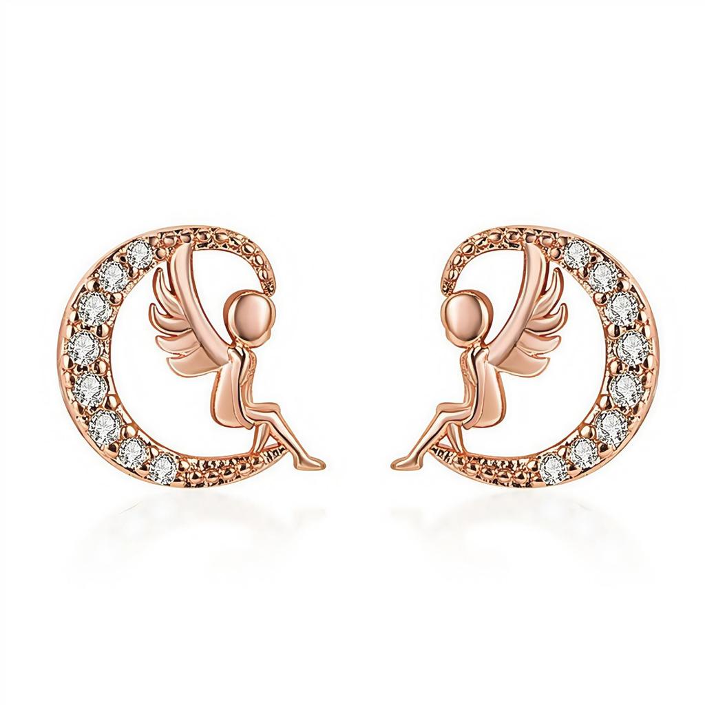 S925 Silver Angel Wing Moon & Heart Stud Earrings - Korean Winter Style