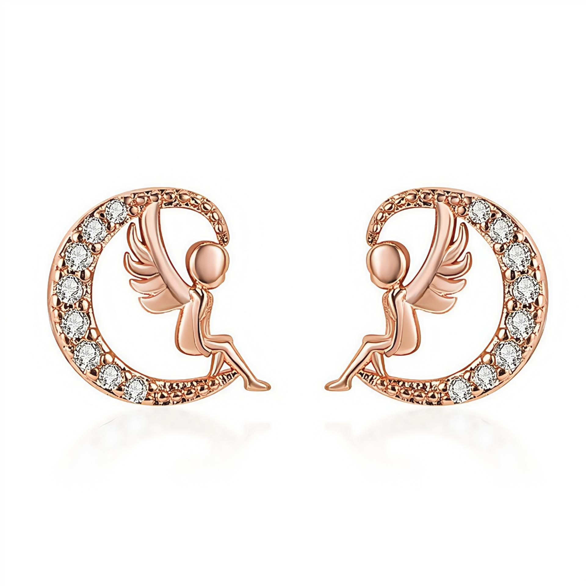 

S925 Silver Angel Wing Moon & Heart Stud Earrings - Korean Winter Style рожевий колір золота