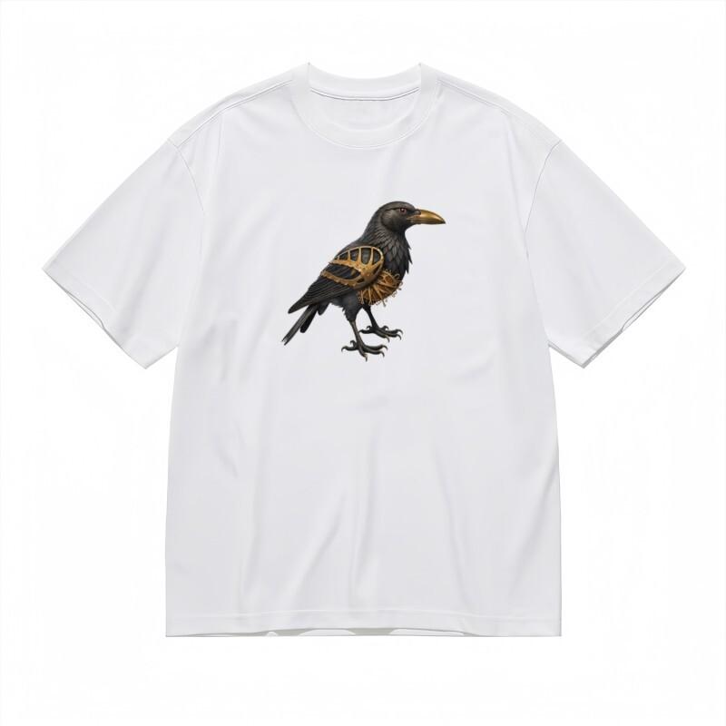 Men's Trend Breathable Classic T-Shirt Mechanical Gold Accent Crow Design Tee