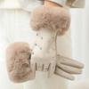 Fashion Faux Fur Trim Cuff PU Leather Gloves Lined Rhinestone Winter Thermal Gloves Windproof Touchscreen Warm Gloves for Women