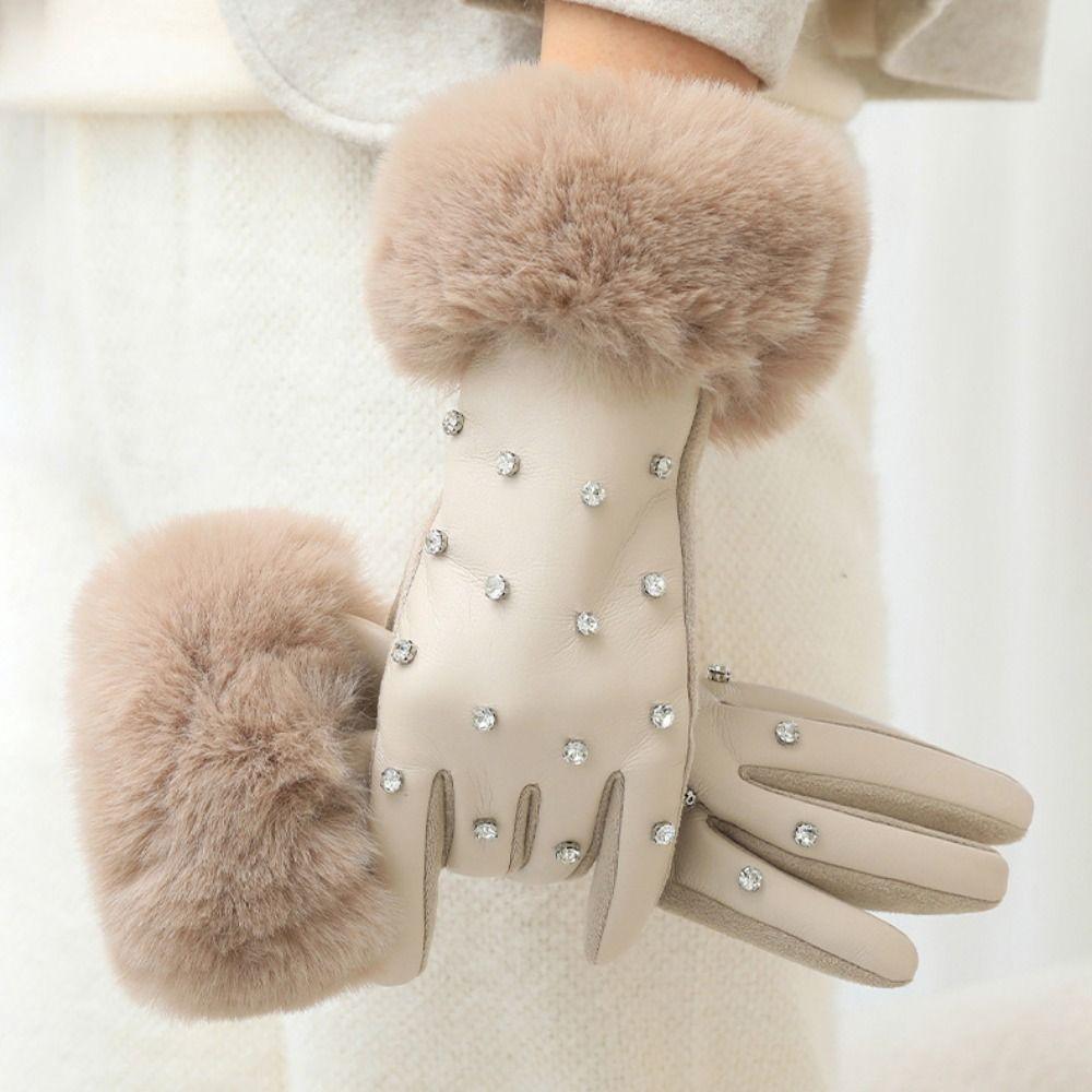 Fashion Faux Fur Trim Cuff PU Leather Gloves Lined Rhinestone Winter Thermal Gloves Windproof Touchscreen Warm Gloves for Women