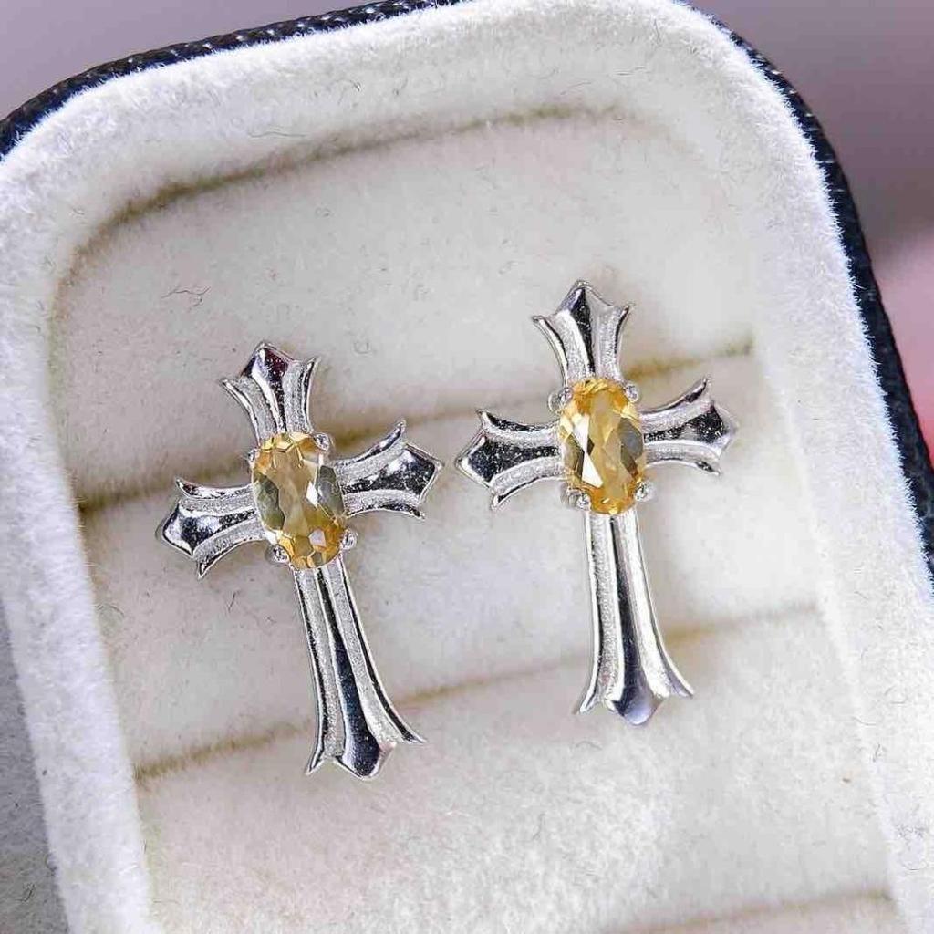 Citrine Stud Earrings: S925 Silver with Natural Design