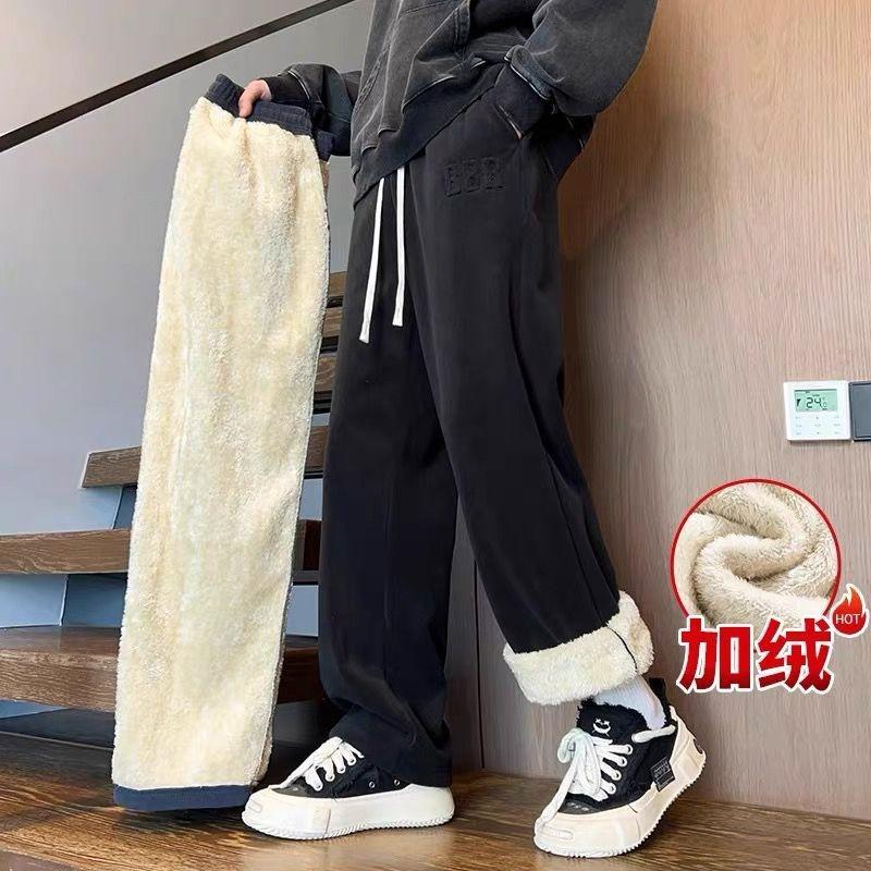

Lamb Fleece Sweatpants Men s Autumn and Winter Fleece Thickened Letter Steel Stamp Trendy Brand Straight Youth Casual Long Pants M чёрный