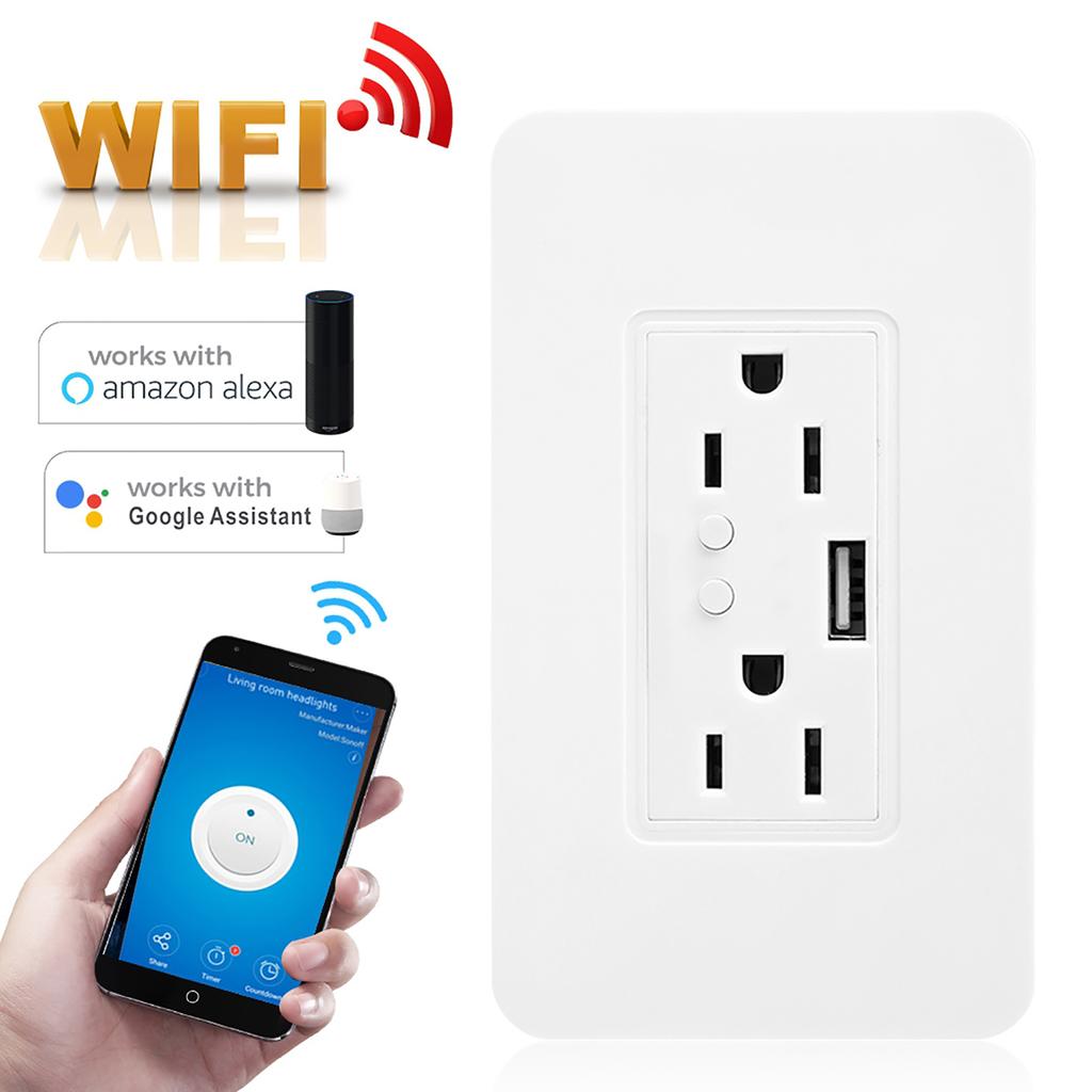 Wifi USB Power Wall Outlet Intelligent Socket Voice Control for Google Home Alexa US 90-125V