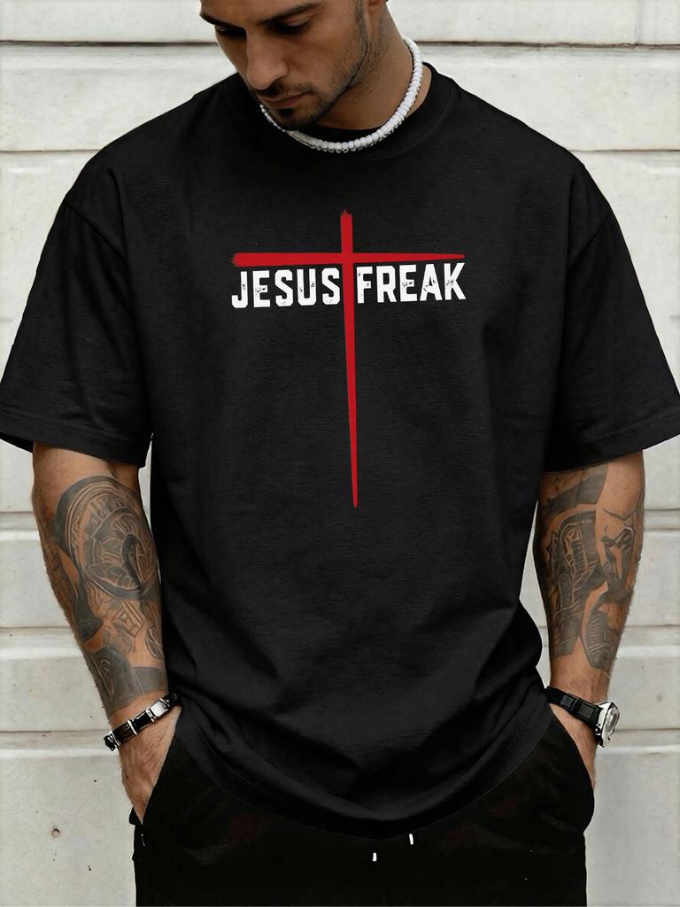 Jesus Freak Red Cross Graphic Unisexs Oversized T Shirt Christian Faith Short Sleeve Soft Cotton Casual Daily Streetwear For Guys
