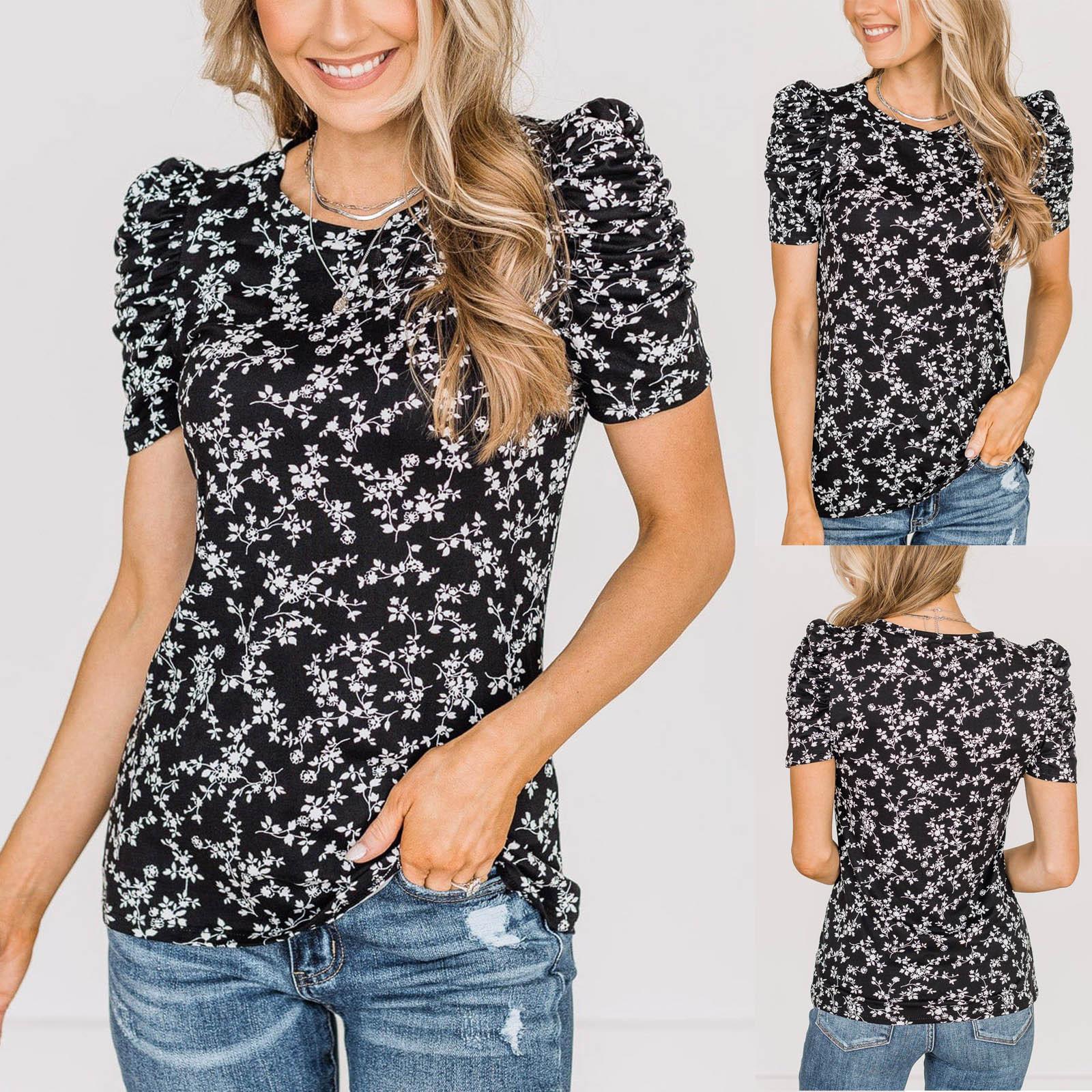 

Жіночі повсякденні топи з круглим вирізом і короткими рукавами, милі літні вільні блузки з принтом, топи L чорний