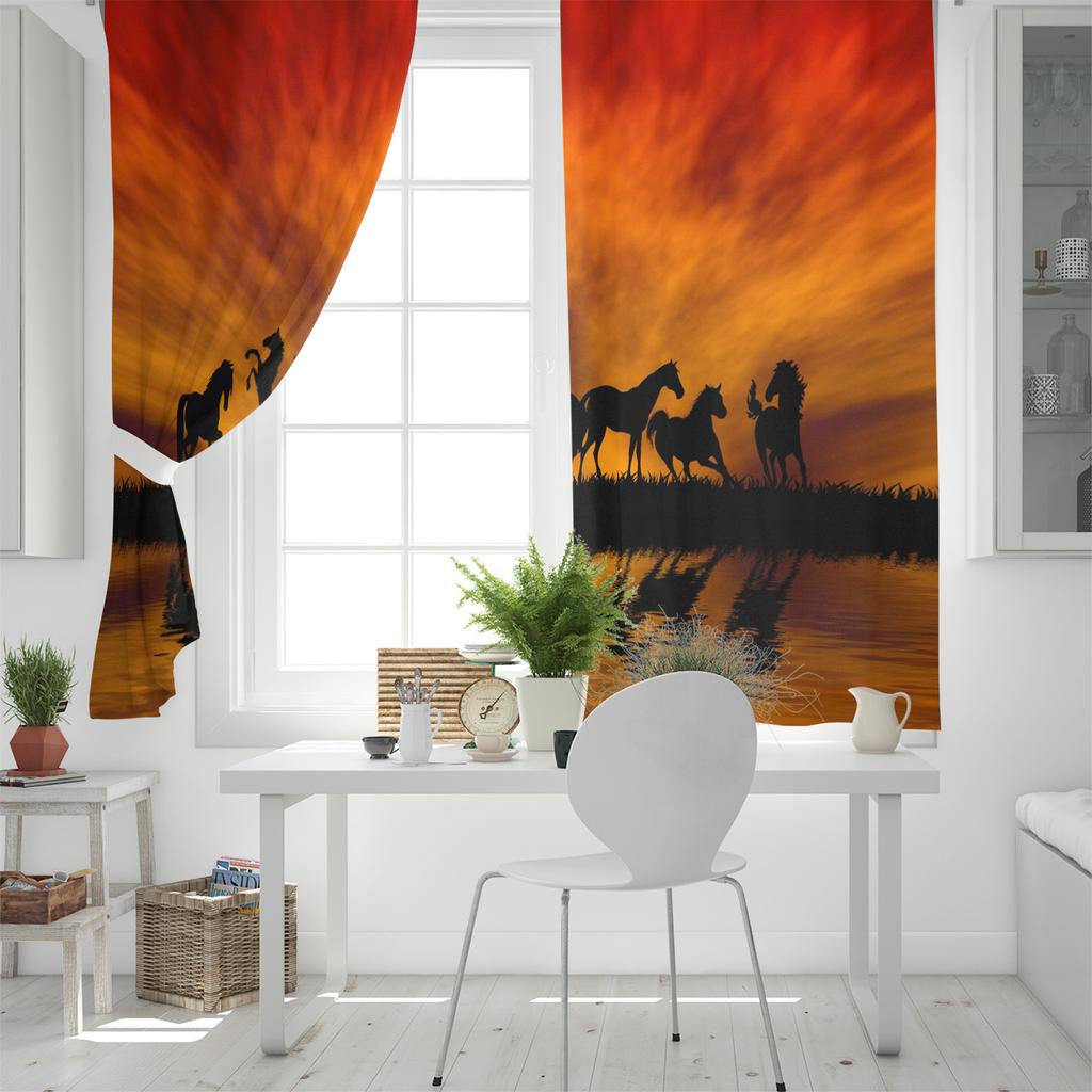 Horses Sunset Lake Scenery Window Curtains Bedroom Kitchen Decor Curtain Panel Window Curtains for Living Room