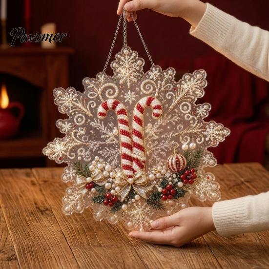 Acrylic Beaded Art Supplies Christmas Faux Pearl Painting Suncatcher Kit, Snowflake Shape Board Decorative Hanging Window with Lace Edge, 3D