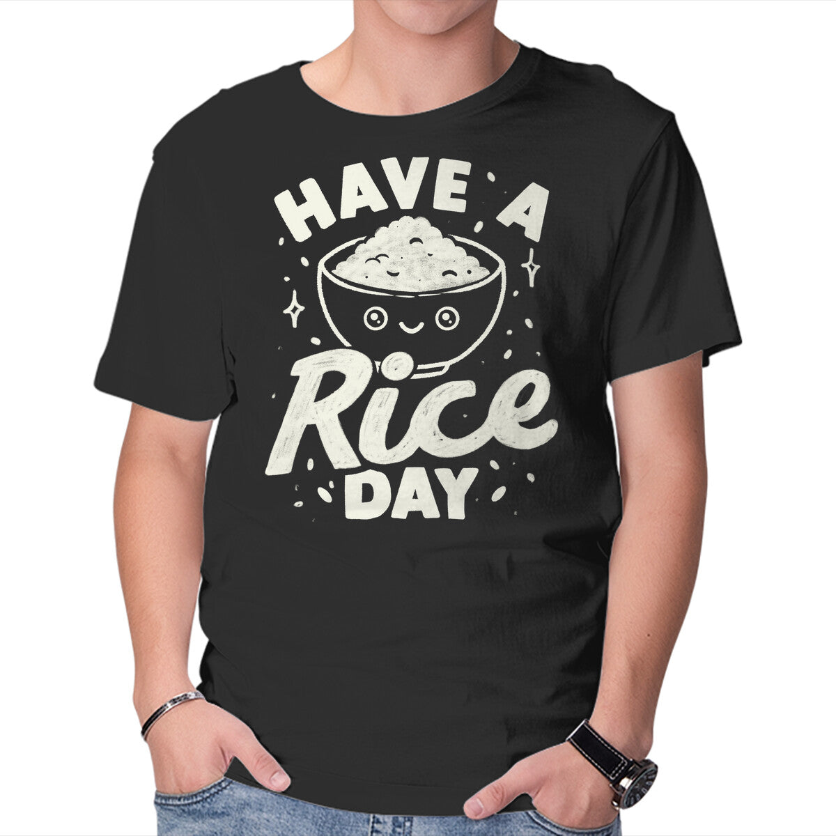Unisex Crew Neck T-Shirt Have A Rice Day Graphic Short Sleeve Casual Tee XS